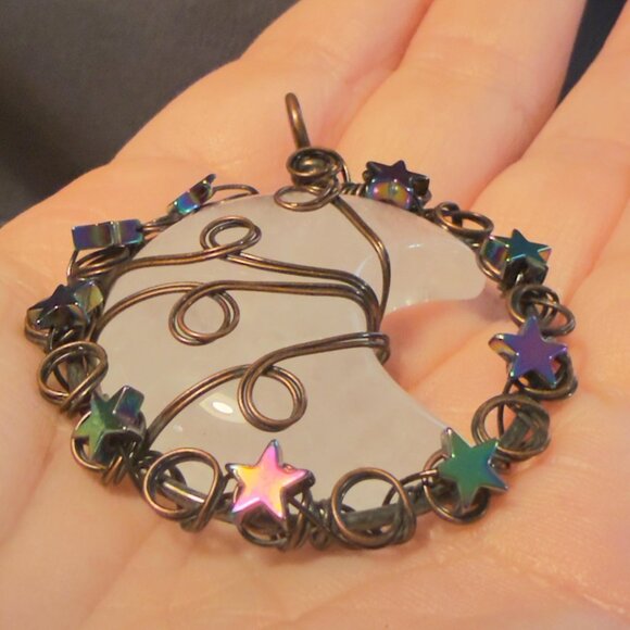 Rose Quartz Crescent Moon Wire Wrapped Pendant 2.25" - Picture 5 of 6